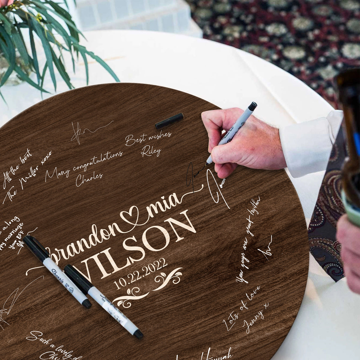 Memate Wedding Guestbook Alternative, Wedding Guest Books Personalized Family Name and Wedding Date, Wooden Wedding Sign Board for Signature, Rustic Round Wooden Wedding Signs