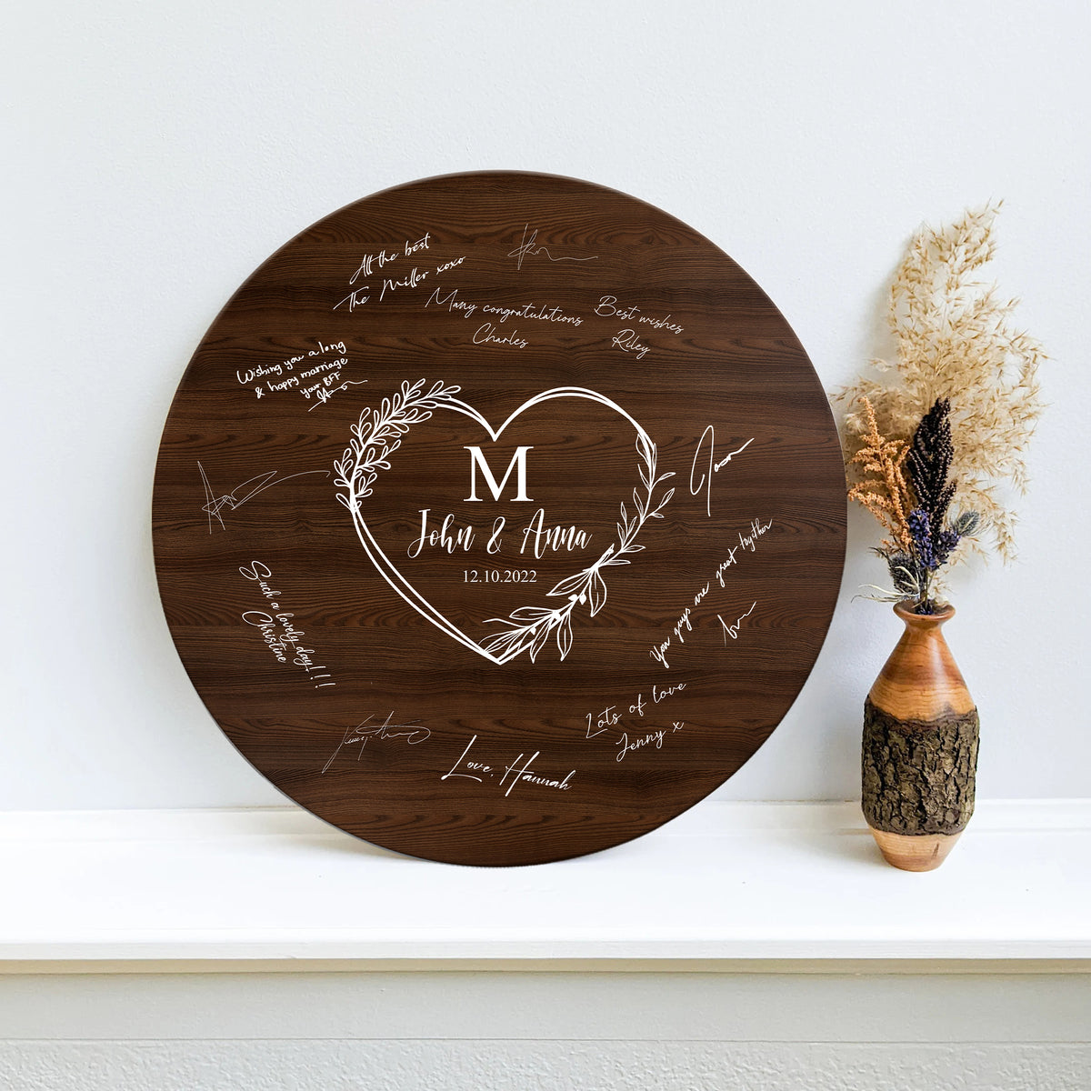 Memate Wedding Guestbook Alternative, Wedding Guest Books Personalized, Custom Signs Family Name Wedding Date for Couple, Wedding Guess Book Sign Board for Signature, Rustic Round Wooden Wedding Book Alternative 02