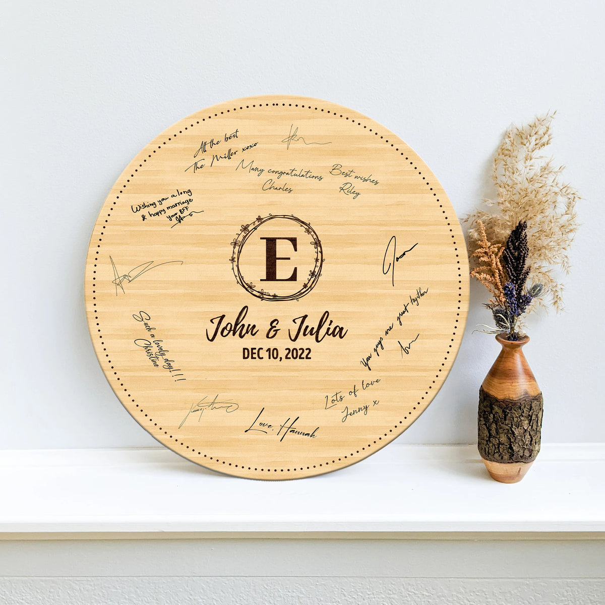 Memate Wedding Guestbook Alternative Personalized, Wedding Guest Books, Custom Wedding Signs Name Date, Wooden Wedding Guess Book Sign Board for Signature, Rustic Round Wedding Book Alternative 03