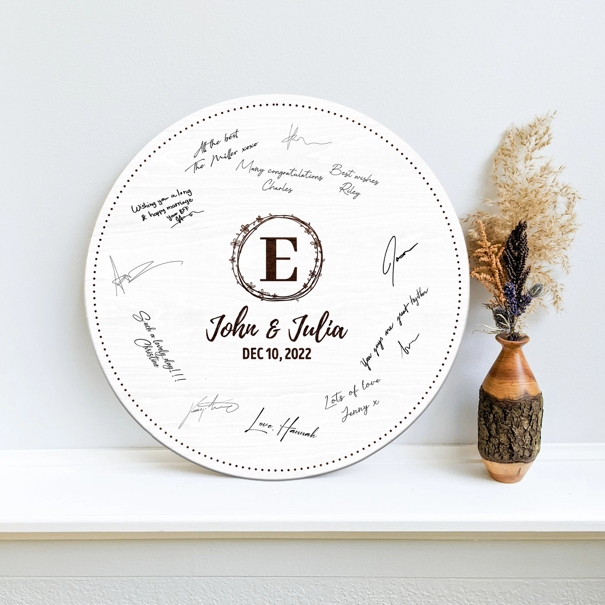 Memate Wedding Guestbook Alternative Personalized, Wedding Guest Books, Custom Wedding Signs Name Date, Wooden Wedding Guess Book Sign Board for Signature, Rustic Round Wedding Book Alternative 02