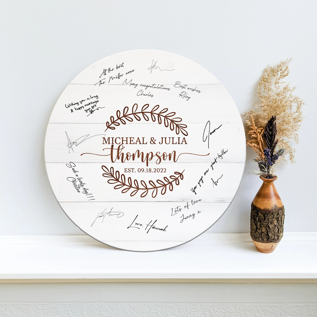 Memate Wedding Guestbook Alternative, Wedding Guest Books Personalized Family Name and Wedding Date, Wooden Wedding Sign Board for Signature, Rustic Round Wooden Wedding Sign