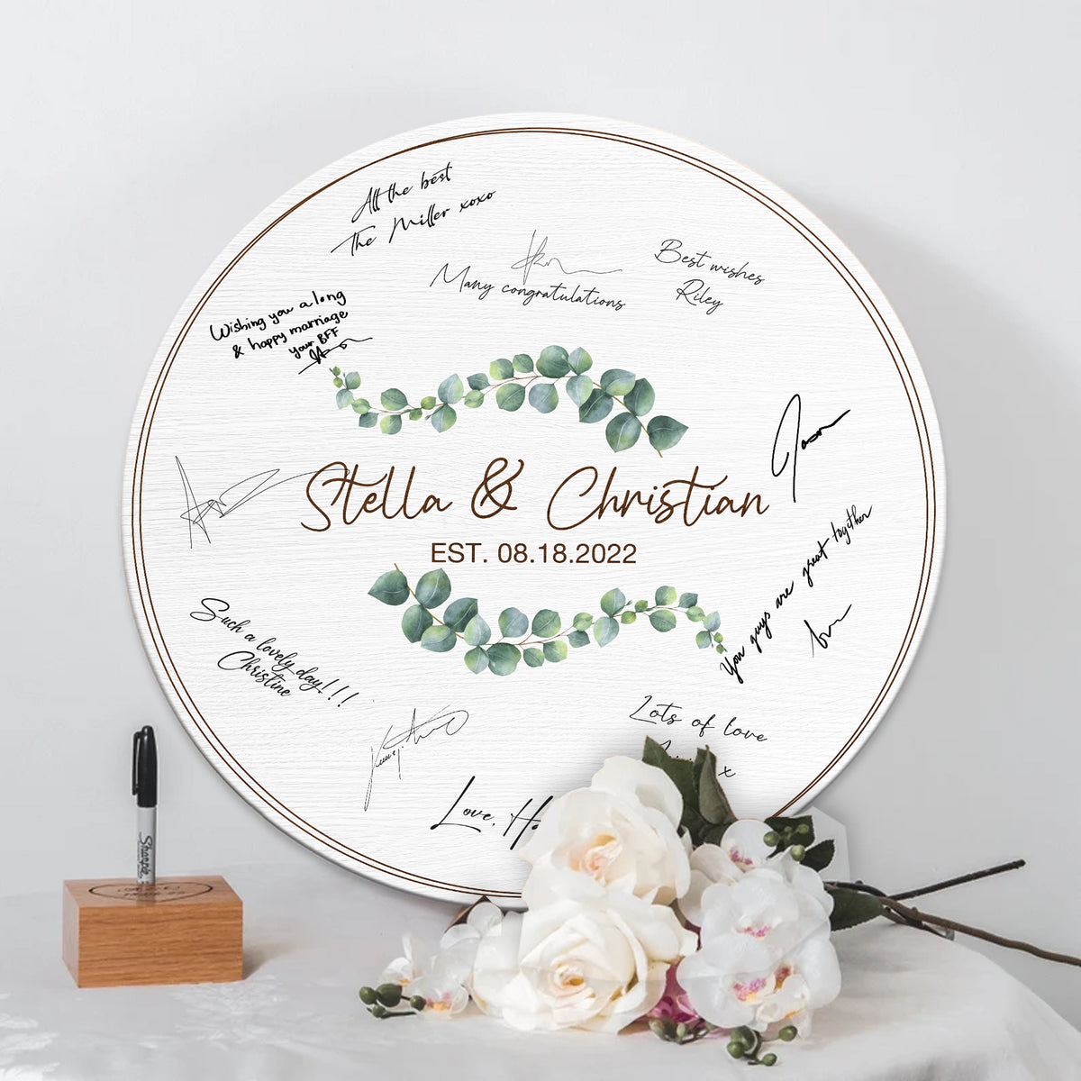 Memate Wedding Guestbook Alternative, Wedding Guest Books Personalized Name and Wedding Date, Wooden Wedding Sign Board for Signature, Custom Rustic Round Wooden Wedding Signs