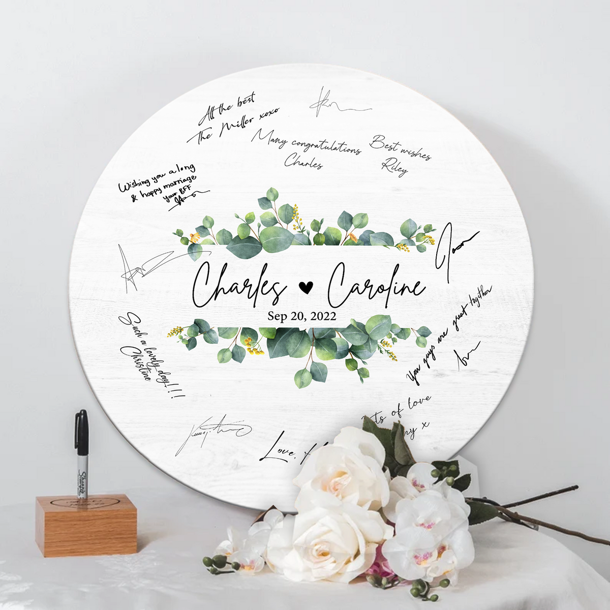 Memate Wedding Guestbook Alternative, Wedding Guest Books Personalized Name Date, Wooden Wedding Sign Board for Signature, Custom Rustic Round Wooden Wedding Signs
