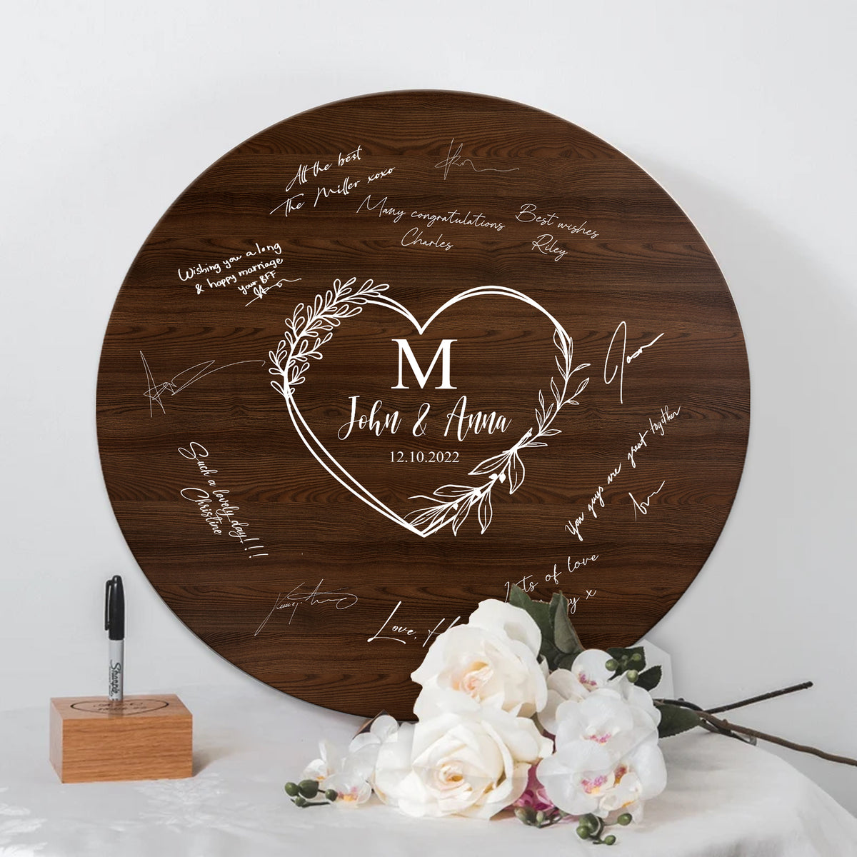 Memate Wedding Guestbook Alternative, Wedding Guest Books Personalized, Custom Signs Family Name Wedding Date for Couple, Wedding Guess Book Sign Board for Signature, Rustic Round Wooden Wedding Book Alternative 02