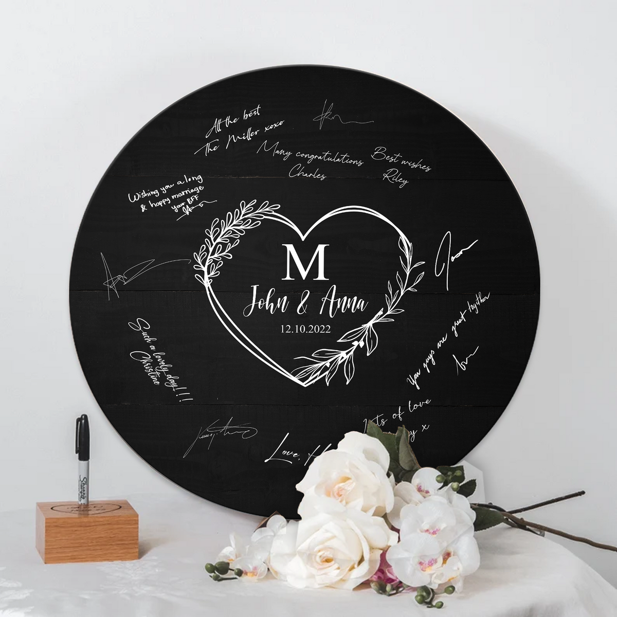 Memate Wedding Guestbook Alternative, Wedding Guest Books Personalized, Custom Signs Family Name Wedding Date for Couple, Wedding Guess Book Sign Board for Signature, Rustic Round Wooden Wedding Book Alternative 01
