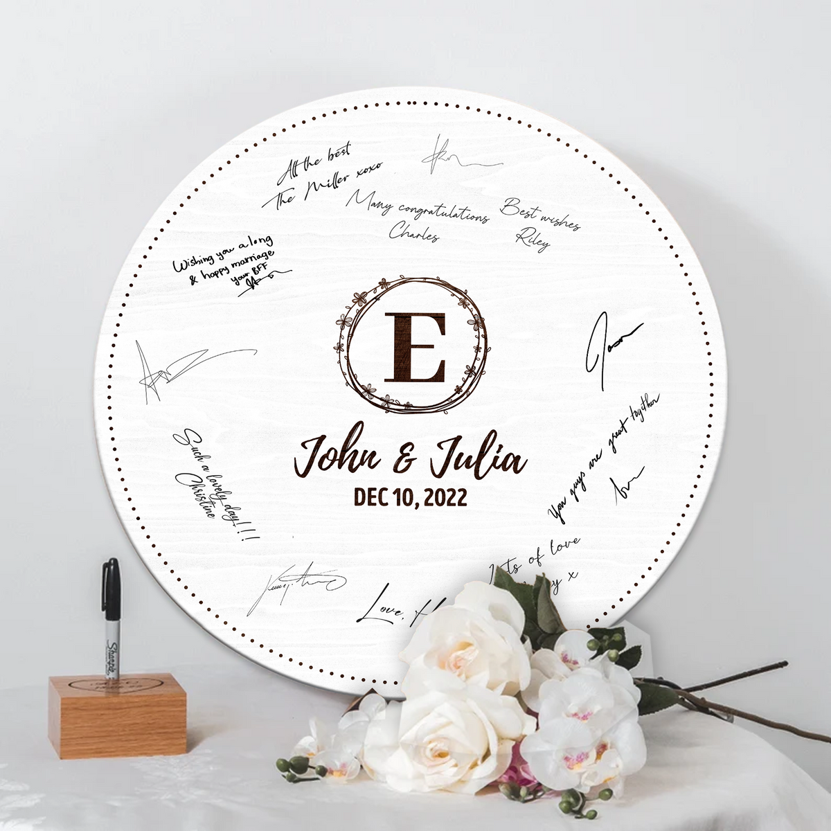 Memate Wedding Guestbook Alternative Personalized, Wedding Guest Books, Custom Wedding Signs Name Date, Wooden Wedding Guess Book Sign Board for Signature, Rustic Round Wedding Book Alternative 02