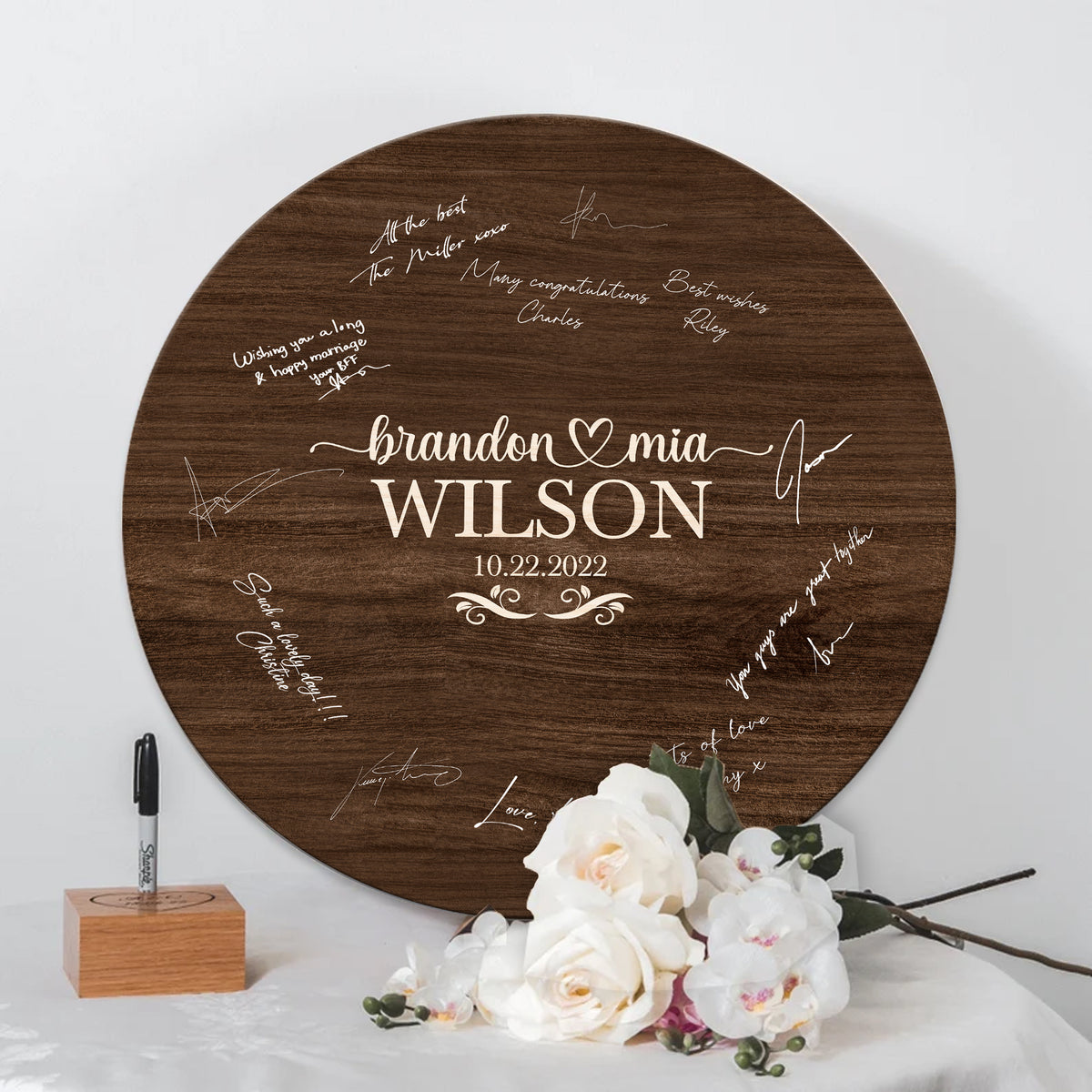 Memate Wedding Guestbook Alternative, Wedding Guest Books Personalized Family Name and Wedding Date, Wooden Wedding Sign Board for Signature, Rustic Round Wooden Wedding Signs