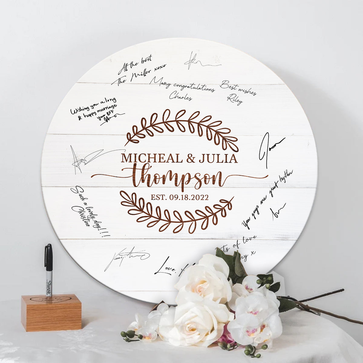 Memate Wedding Guestbook Alternative, Wedding Guest Books Personalized Family Name and Wedding Date, Wooden Wedding Sign Board for Signature, Rustic Round Wooden Wedding Sign