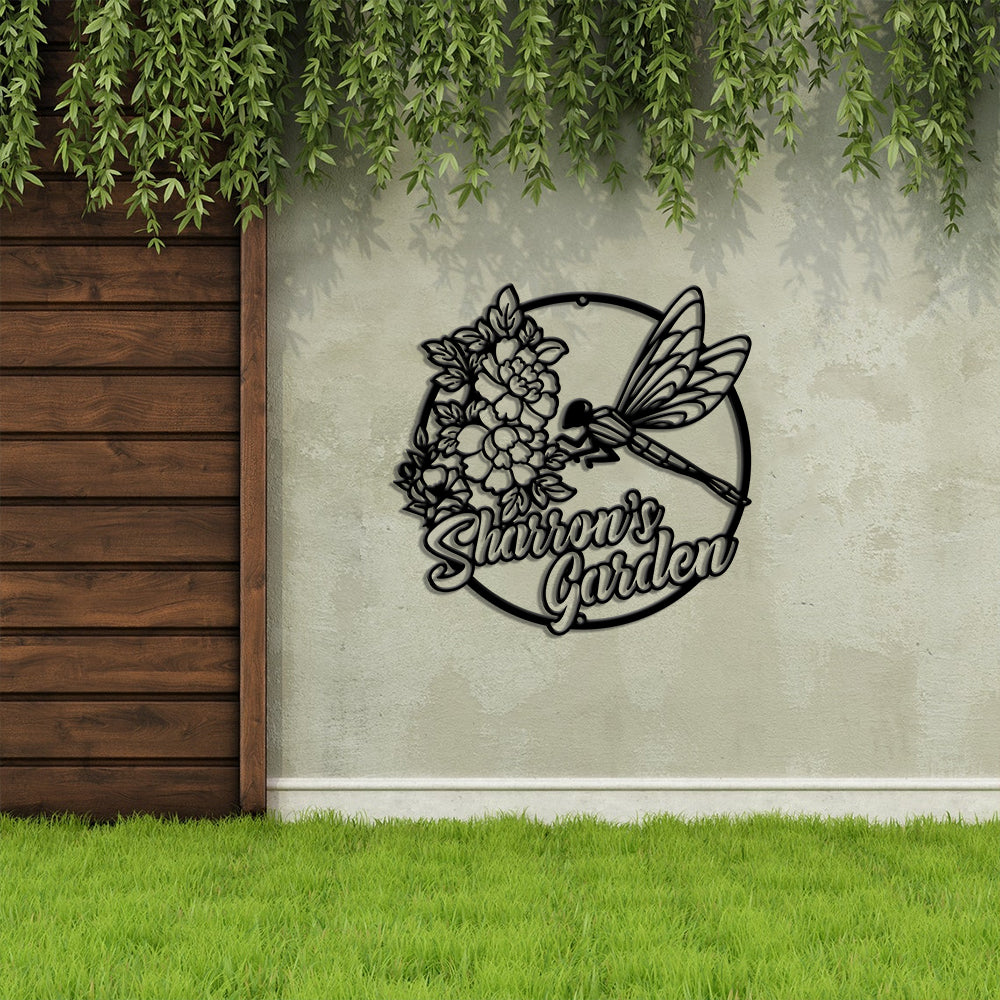 MeMate Personalized Metal Sign, Custom Garden Metal Signs Outdoor Décor, 8" - 24" Garden Signs Metal, Dragonfly Sign, Dragonfly Flowers Garden Signs to Personalize, Shed Shed Sign, Rustic Plaque