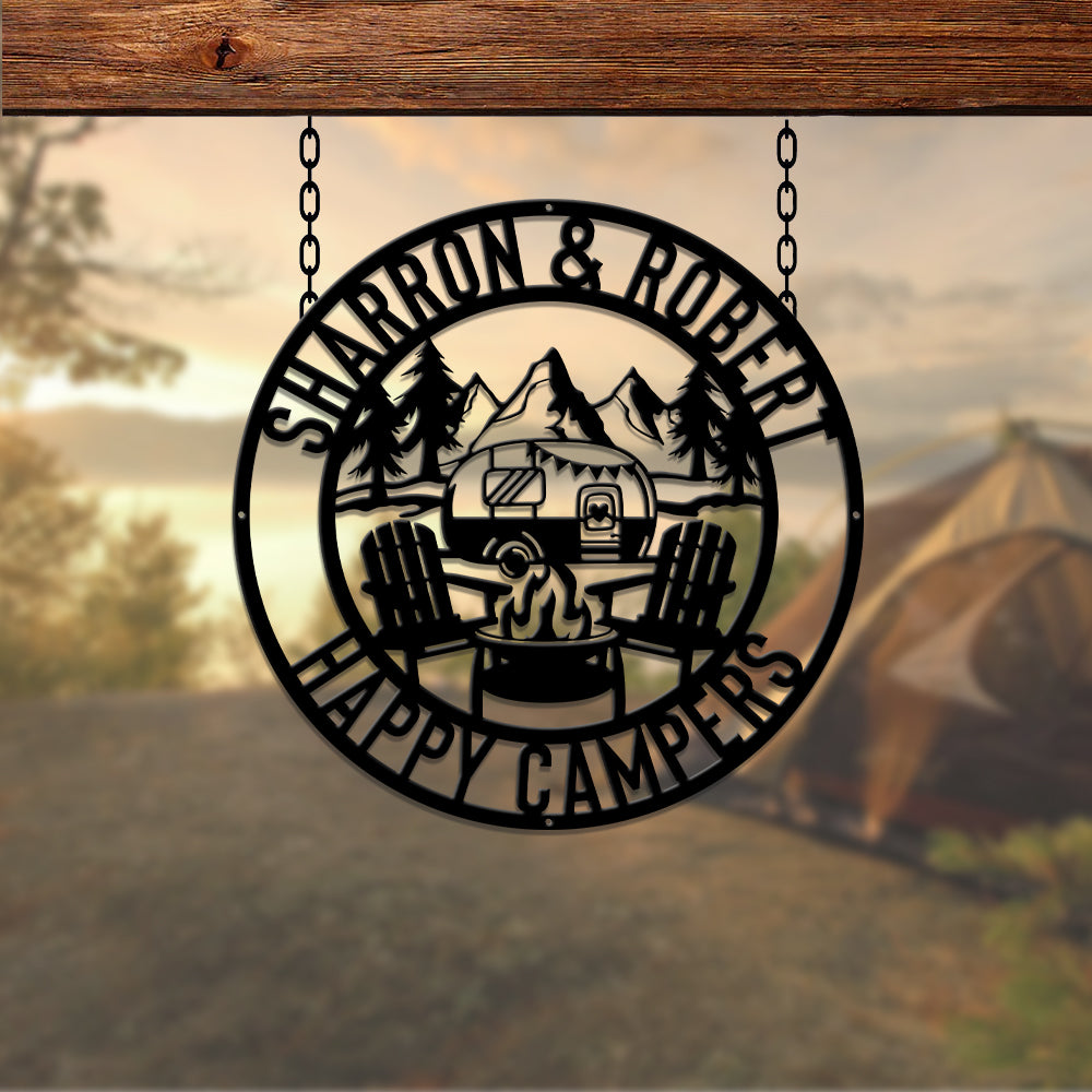 MeMate Camping Sign, Personalized Metal Name Signs, Custom Camping Sign for Outdoor Kitchen Home Wall Décor, Round Vintage Signs for Oasis Fire Pit Backyards Patio Campers, Housewarming Gift