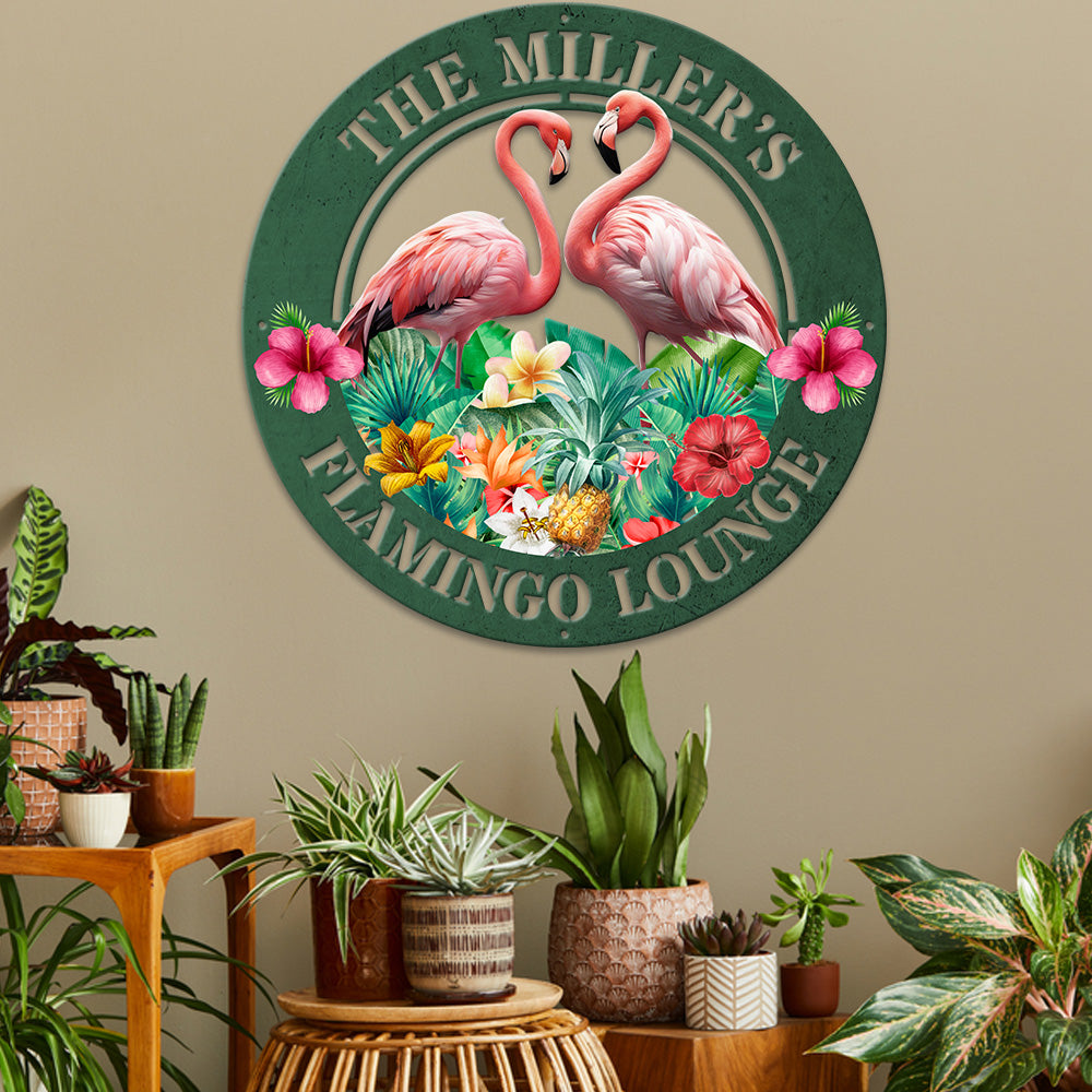 MeMate Flamingo Lounge Metal Sign, Outdoor Décor for Backyard, Patio, Pool, Kitchen, Lounge, Personalized Name Outdoor Sign, Pink Flamingo Metal Sign Housewarming Gift for Family Friend