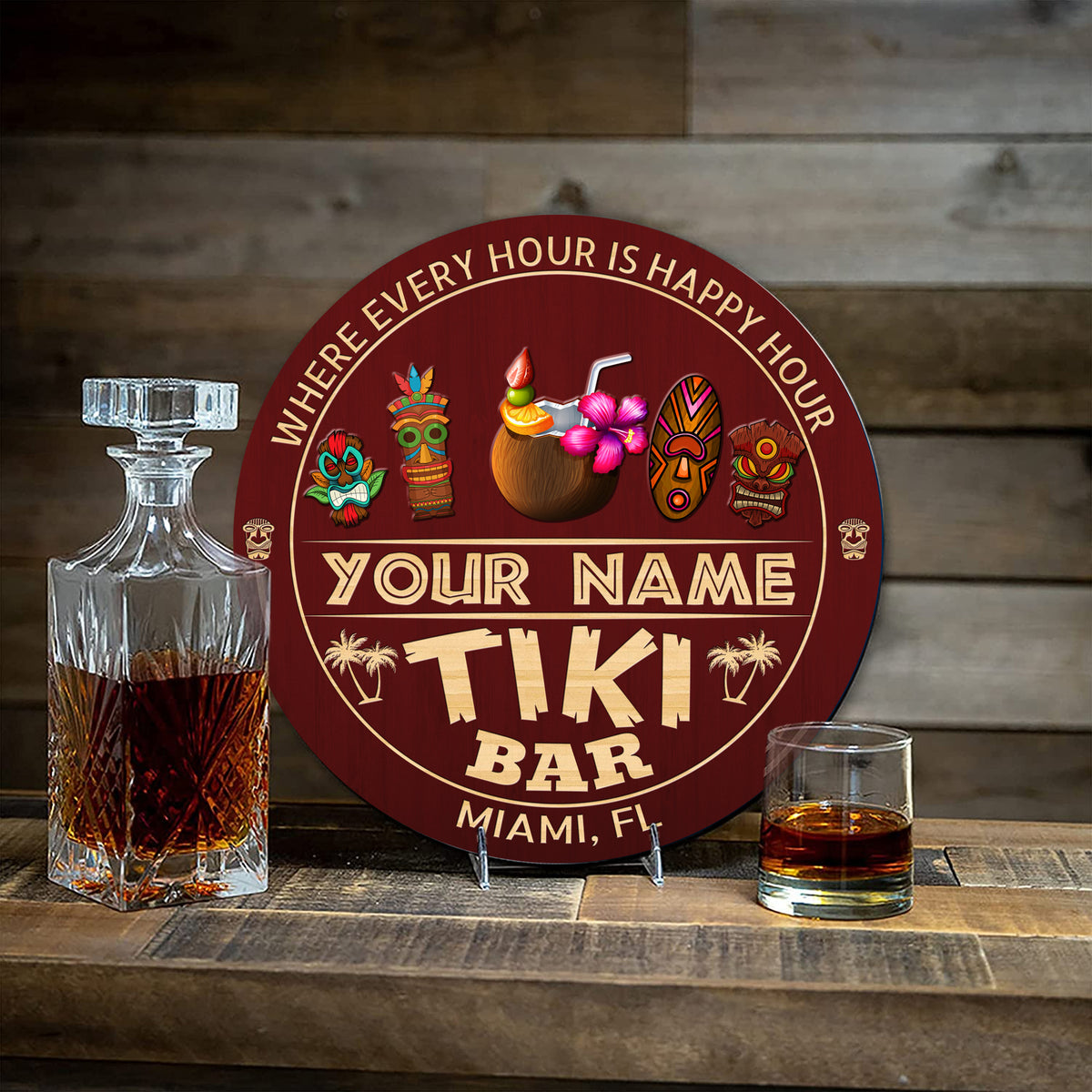 MeMate Custom Tiki Bar Sign - Personalized Wooden Name Sign for Tiki Lounge, Backyard, Patio, Beach Bar, Party Decors - Vintage Rustic Round Printed Wood Signs Wall Hanging Decorative