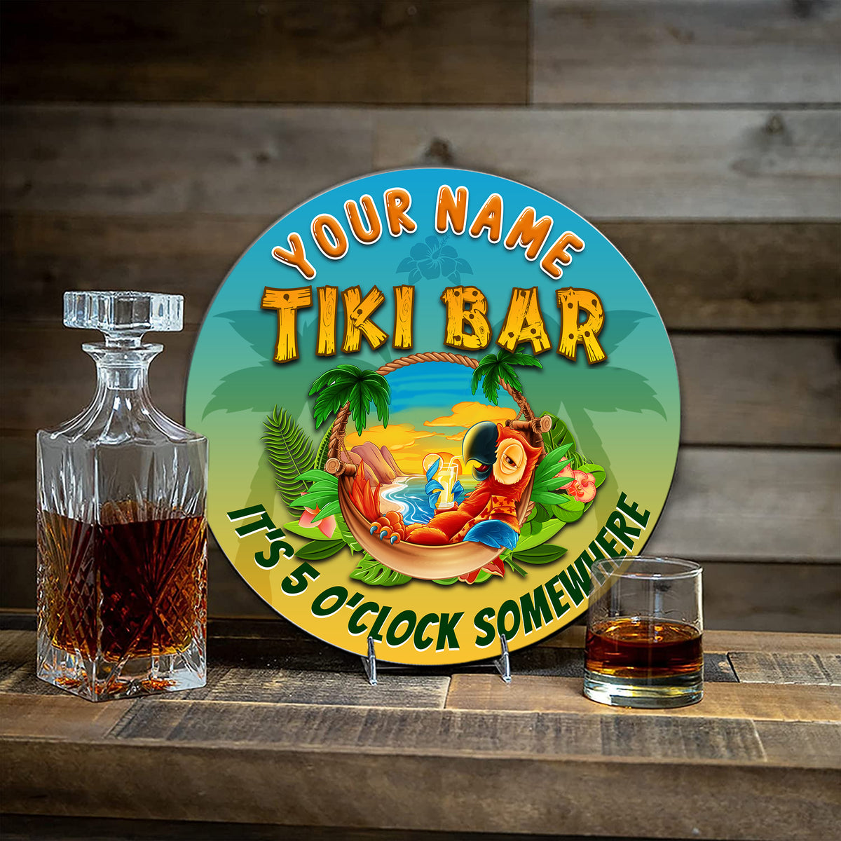MeMate Custom Tiki Bar Sign – Personalized Wooden Name Sign for Backyard, Patio, Tiki Lounge, Beach Bar, Party Decors – Parrot Tropical Rustic Round Printed Wood Signs Wall Hanging Decorative