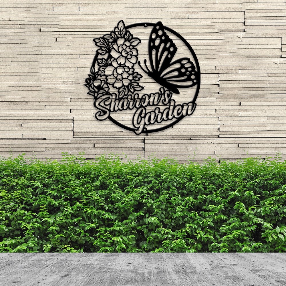 MeMate Personalized Metal Sign, Custom Garden Metal Signs Outdoor Décor, 8" - 24" Large Garden Signs Metal, Butterfly Sign, Butterfly Flowers Garden Signs to Personalize, Shed Shed Sign