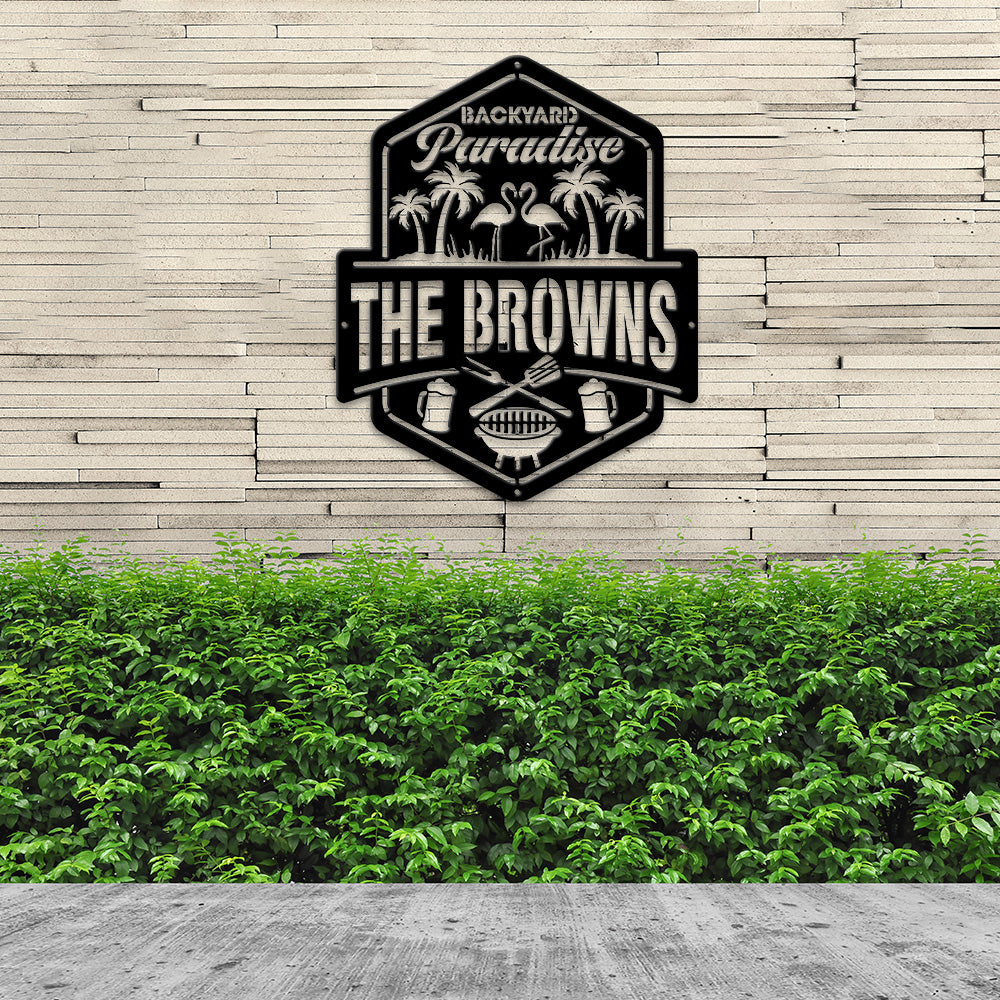 MeMate Backyard Paradise Sign, Bar & Grill Sign Outdoor Decor, Personalized Name Metal Sign for Backyard, Custom Name Signs for Backyard, Large Metal Sign for Outside, Housewarming Gifts