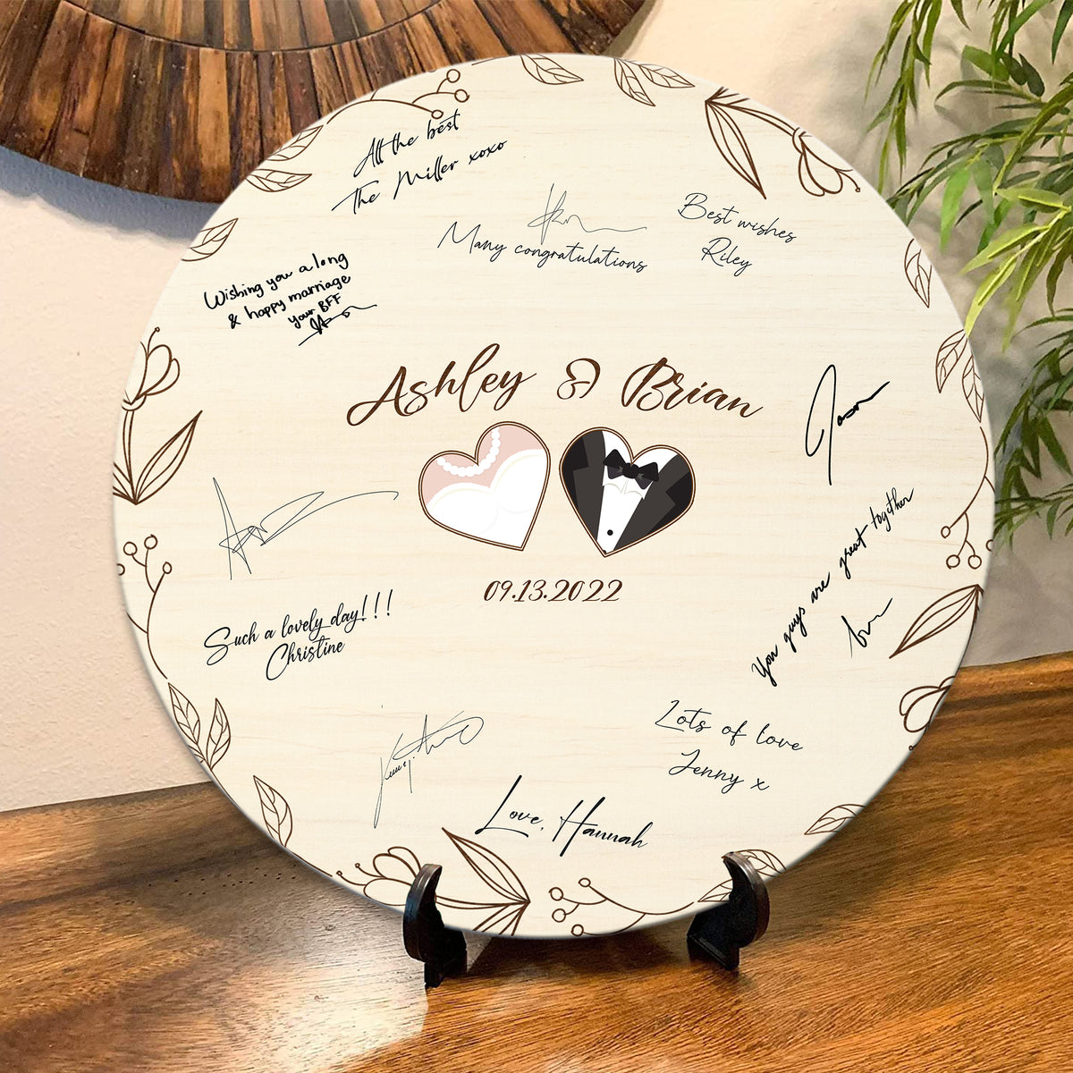 Memate Wedding Guestbook Alternative, Wedding Guest Books Personalized Bride and Groom Name Date, Wooden Wedding Sign Board for Signature, Custom Rustic Round Wooden Wedding Signs for Couples