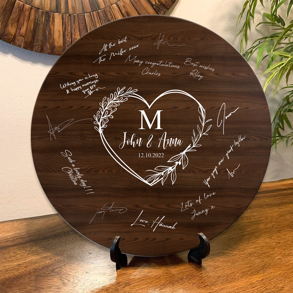 Memate Wedding Guestbook Alternative, Wedding Guest Books Personalized, Custom Signs Family Name Wedding Date for Couple, Wedding Guess Book Sign Board for Signature, Rustic Round Wooden Wedding Book Alternative 02