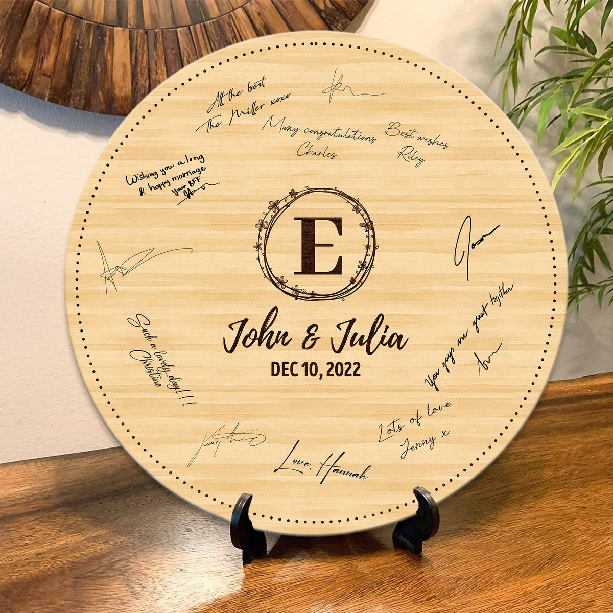 Memate Wedding Guestbook Alternative Personalized, Wedding Guest Books, Custom Wedding Signs Name Date, Wooden Wedding Guess Book Sign Board for Signature, Rustic Round Wedding Book Alternative 03