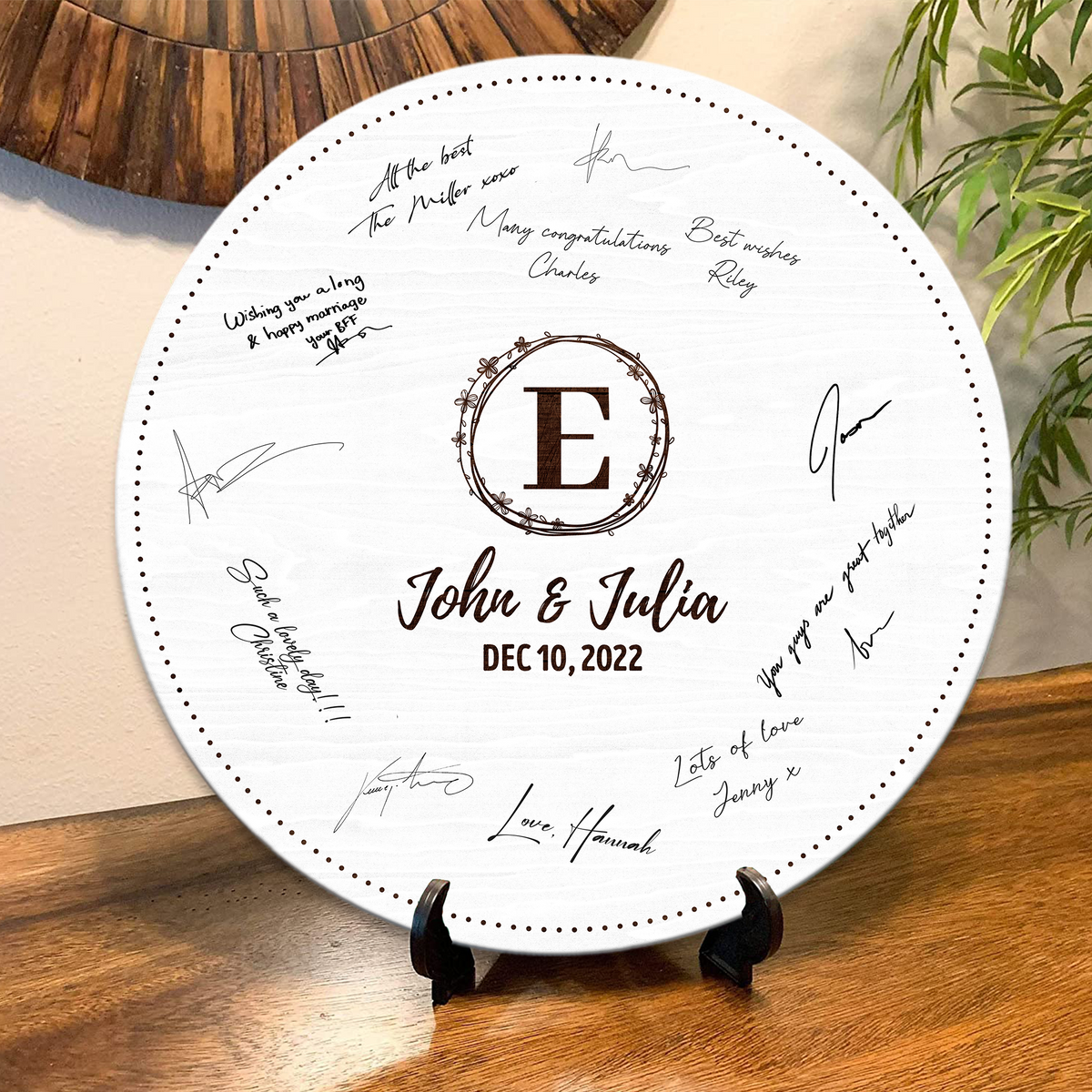Memate Wedding Guestbook Alternative Personalized, Wedding Guest Books, Custom Wedding Signs Name Date, Wooden Wedding Guess Book Sign Board for Signature, Rustic Round Wedding Book Alternative 02