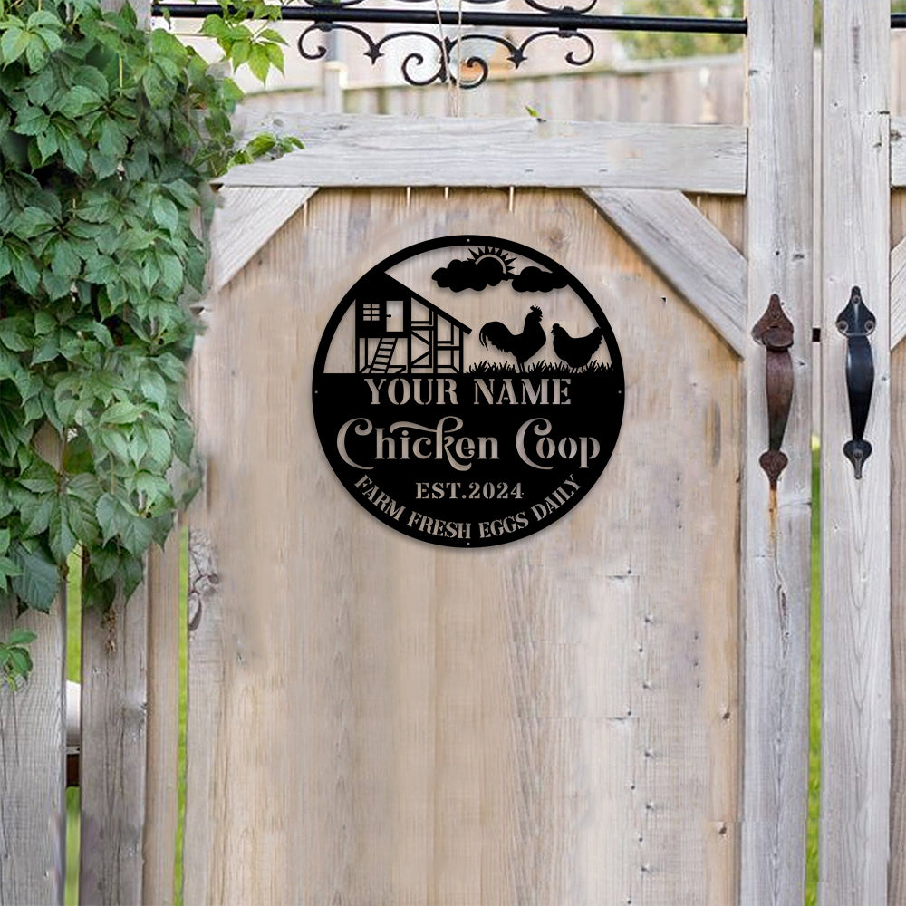 MeMate Chicken Coop Signs for Farmhouse Decoration, Hen House Decor, Metal Signs Outdoor Decor, Personalized Name Sign for Chicken Coops, 8-24 inches Large Metal Sign, Farm Sign, Housewarming Gifts
