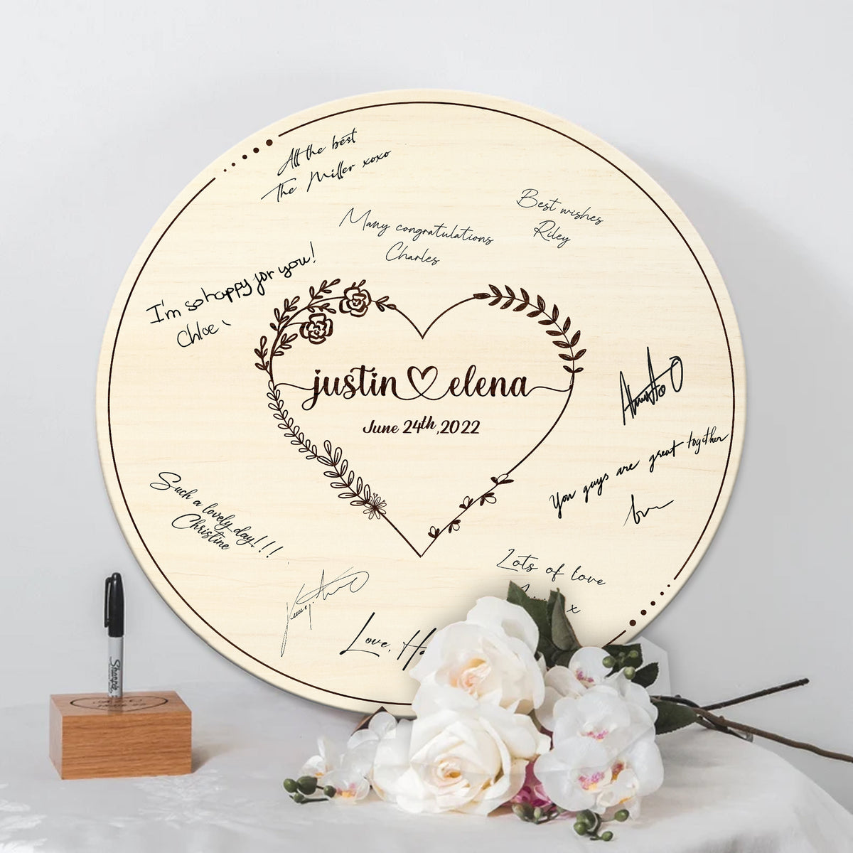 Memate Wedding Guestbook Alternative, Wedding Guest Books Personalized Family Name and Wedding Date, Heart Wooden Wedding Sign Board for Signature, Rustic Round Wooden Wedding Sign