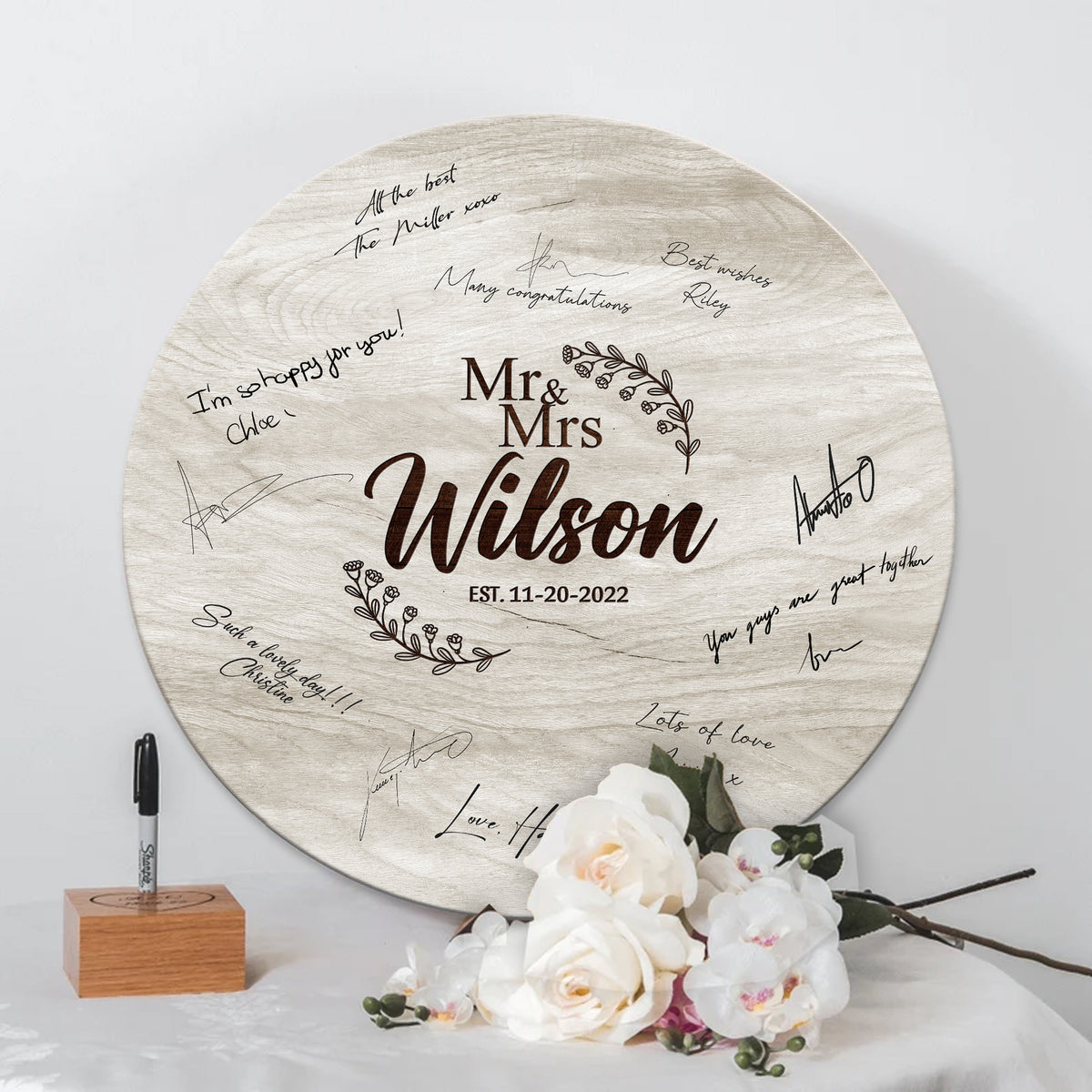 Memate Wedding Guestbook Alternative, Wedding Guest Books Personalized, Wooden Wedding Guess Book Sign Board for Signature, Custom Wedding Signs Name Date, Rustic Round Wooden Wedding Sign