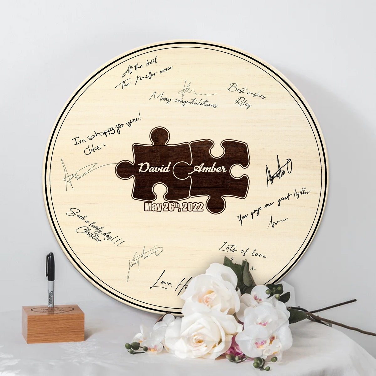Memate Wedding Guestbook Alternative, Wedding Guest Books Personalized Family Name and Wedding Date, 2 Pieces Wooden Wedding Sign Board for Signature, Rustic Round Wooden Wedding Signs