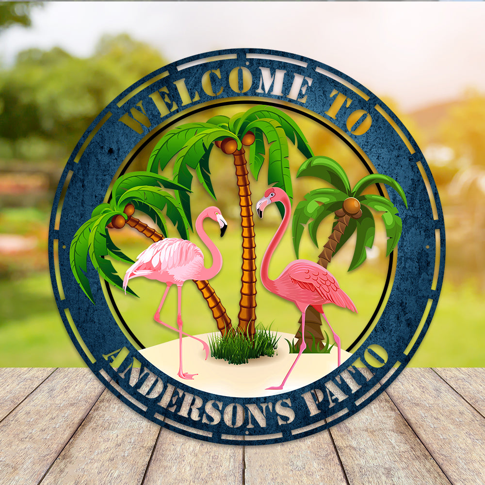 MeMate Flamingo Sign Metal, Flamingo Lounge Decor, Outdoor Décor for Backyard, Patio, Pool, Kitchen, Lounge, Personalized Name Outdoor Sign, Pink Flamingo Metal Sign Housewarming Gift for Family Friend