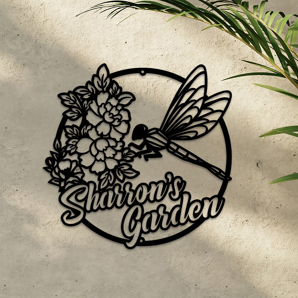 MeMate Personalized Metal Sign, Custom Garden Metal Signs Outdoor Décor, 8" - 24" Garden Signs Metal, Dragonfly Sign, Dragonfly Flowers Garden Signs to Personalize, Shed Shed Sign, Rustic Plaque