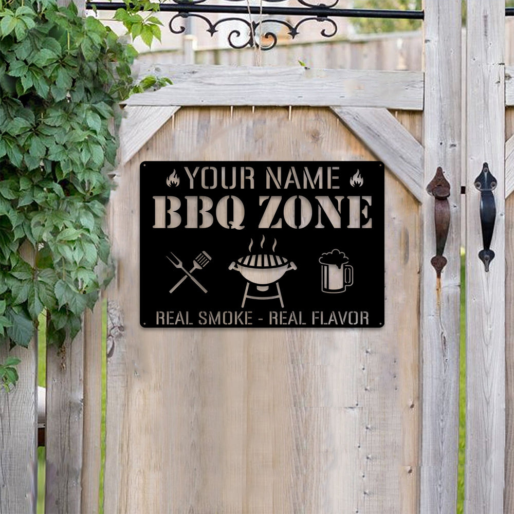 MeMate Metal BBQ Signs, Personalized Barbecue Metal Signs Kitchen Decor, Grill Sign to Personalize, Custom Name Outdoor Plaques, Rustic Decorations for Man Cave