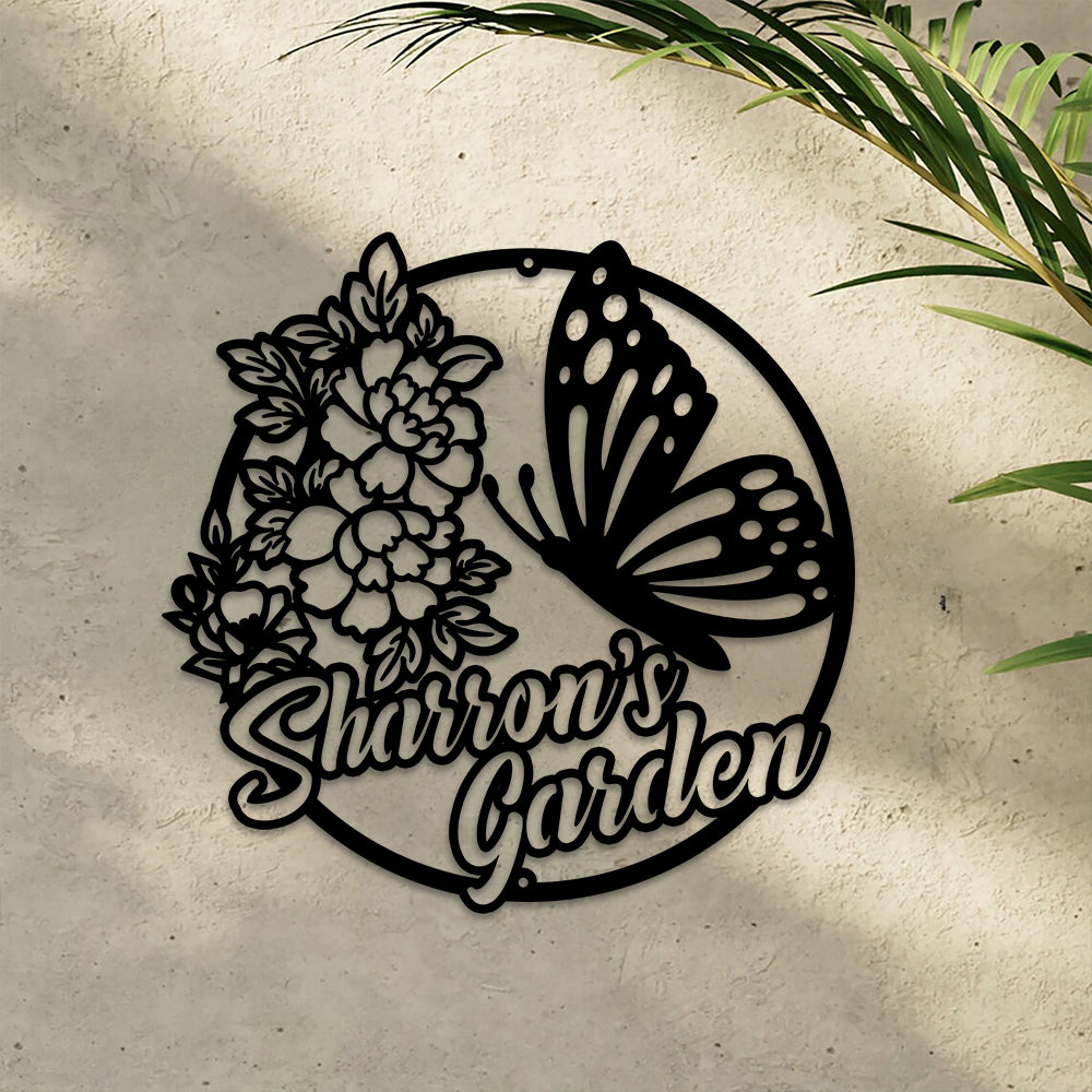 MeMate Personalized Metal Sign, Custom Garden Metal Signs Outdoor Décor, 8" - 24" Large Garden Signs Metal, Butterfly Sign, Butterfly Flowers Garden Signs to Personalize, Shed Shed Sign