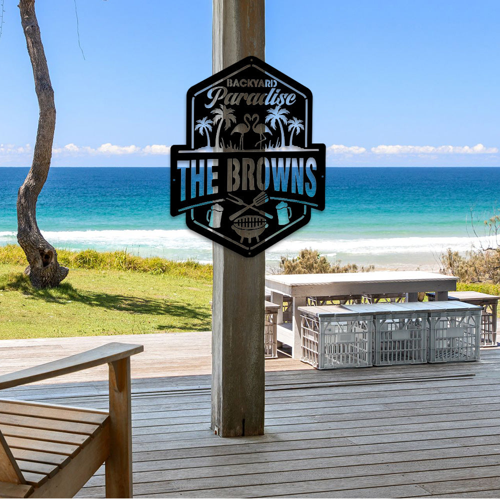 MeMate Backyard Paradise Sign, Bar & Grill Sign Outdoor Decor, Personalized Name Metal Sign for Backyard, Custom Name Signs for Backyard, Large Metal Sign for Outside, Housewarming Gifts