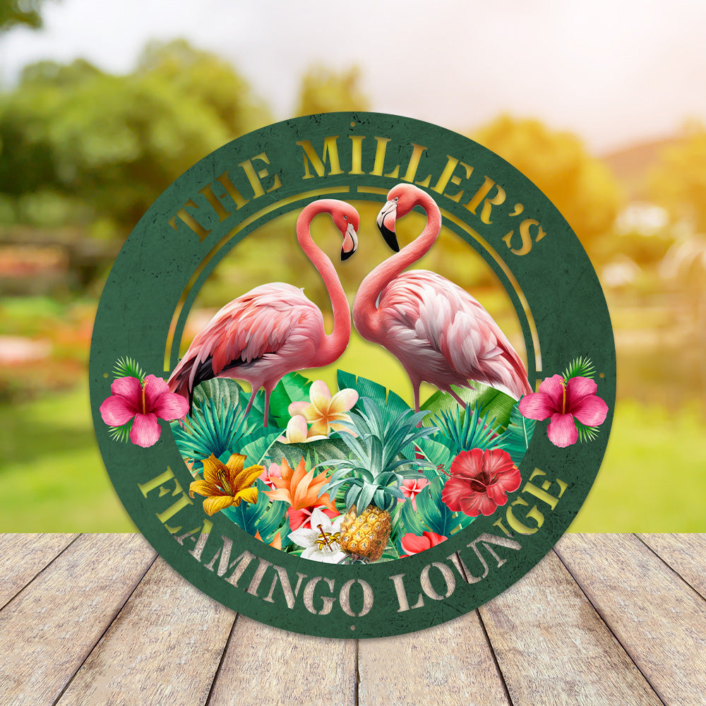 MeMate Flamingo Lounge Metal Sign, Outdoor Décor for Backyard, Patio, Pool, Kitchen, Lounge, Personalized Name Outdoor Sign, Pink Flamingo Metal Sign Housewarming Gift for Family Friend
