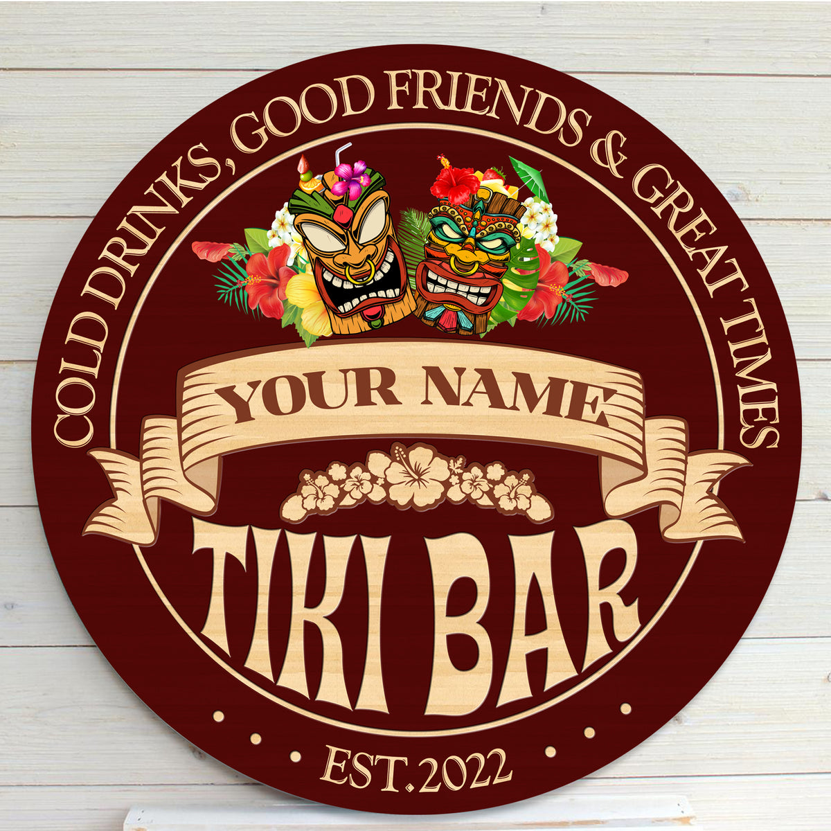 MeMate Tiki Bar Sign – Tiki Lounge Decor - Personalized Wooden Name Sign for Poolside, Patio, Backyard, Beach Party Decors – Custom Year Tiki Bar Rustic Round Printed Wood Signs Wall Hanging Decorative