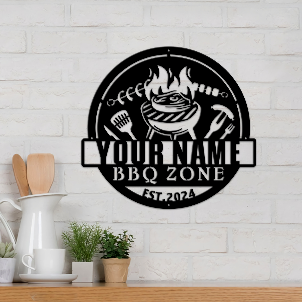 MeMate BBQ Zone Signs, Grill BBQ Signs to Personalize, Personalized Barbecue Metal Signs Kitchen Decor, Custom Name Outdoor Plaques for Backyard, Patio, Porch, Deck