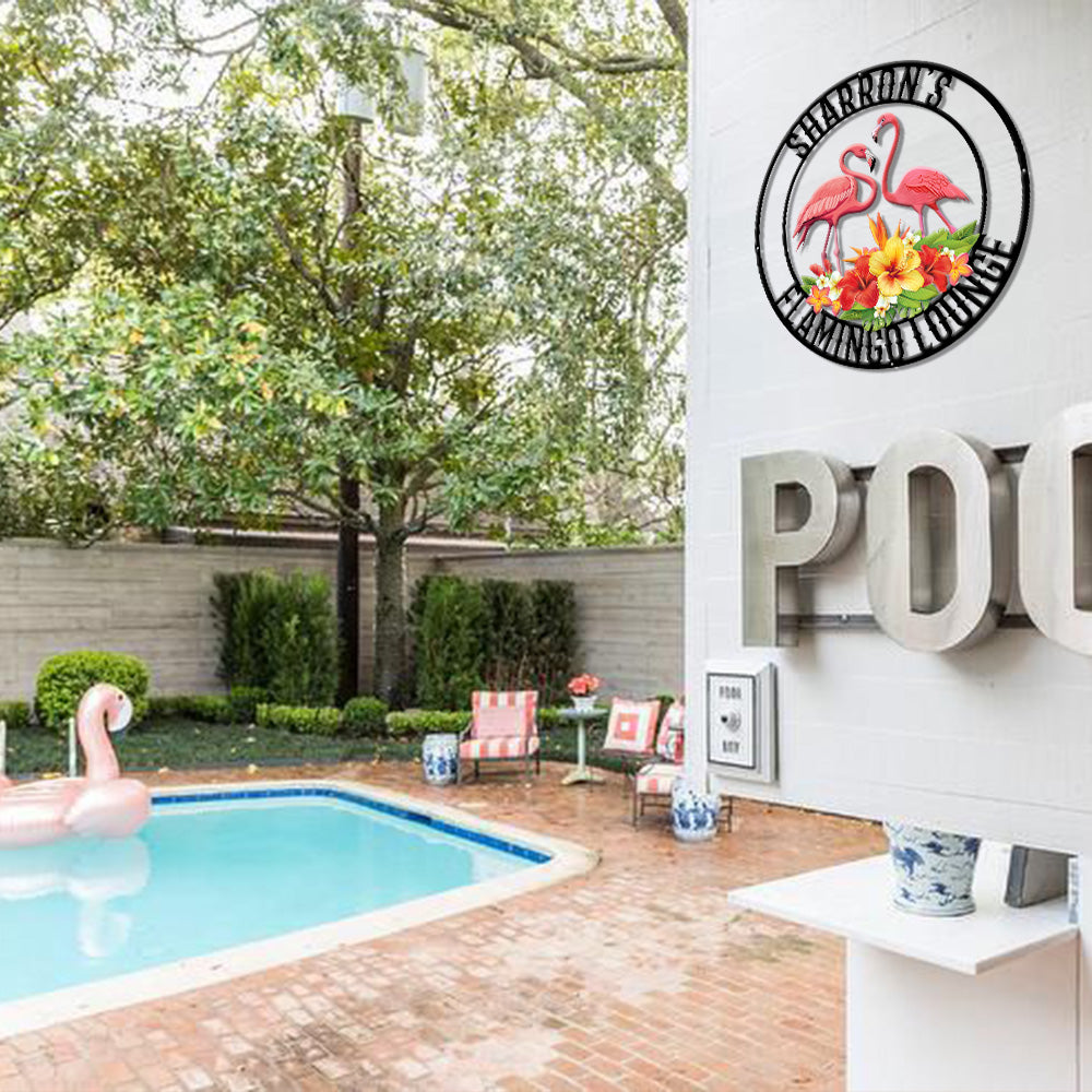 MeMate Flamingo Lounge Signs, Flamingo House Metal Sign, Personalized Flamingo Tropical Sign, Flamingo House Outdoor Décor, Flamingo Metal Sign Housewarming Gift for Family Friend