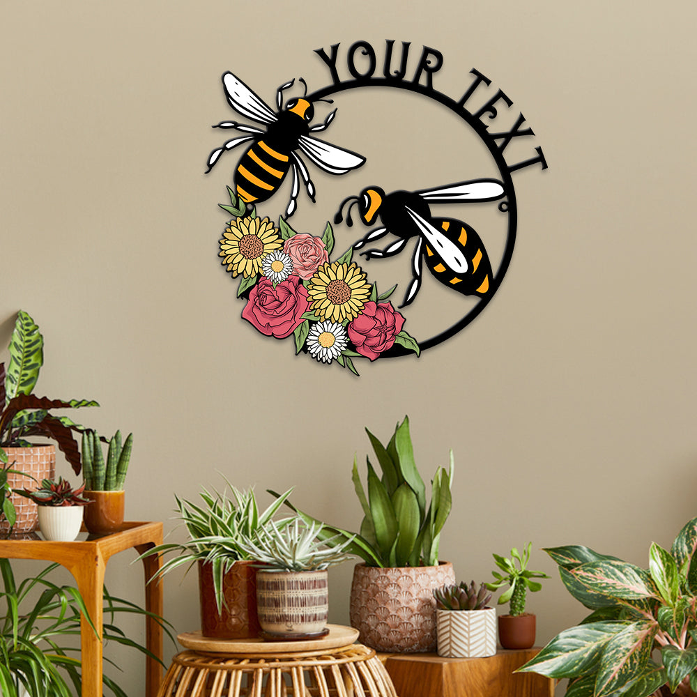 MeMate Personalized Metal Sign Bee, Custom Garden Metal Signs Outdoor Décor, 8" - 24" Garden Signs Metal, Bee Farm Sign, Bee Flowers Garden Signs to Personalize, Shed Shed Sign, Rustic Plaque