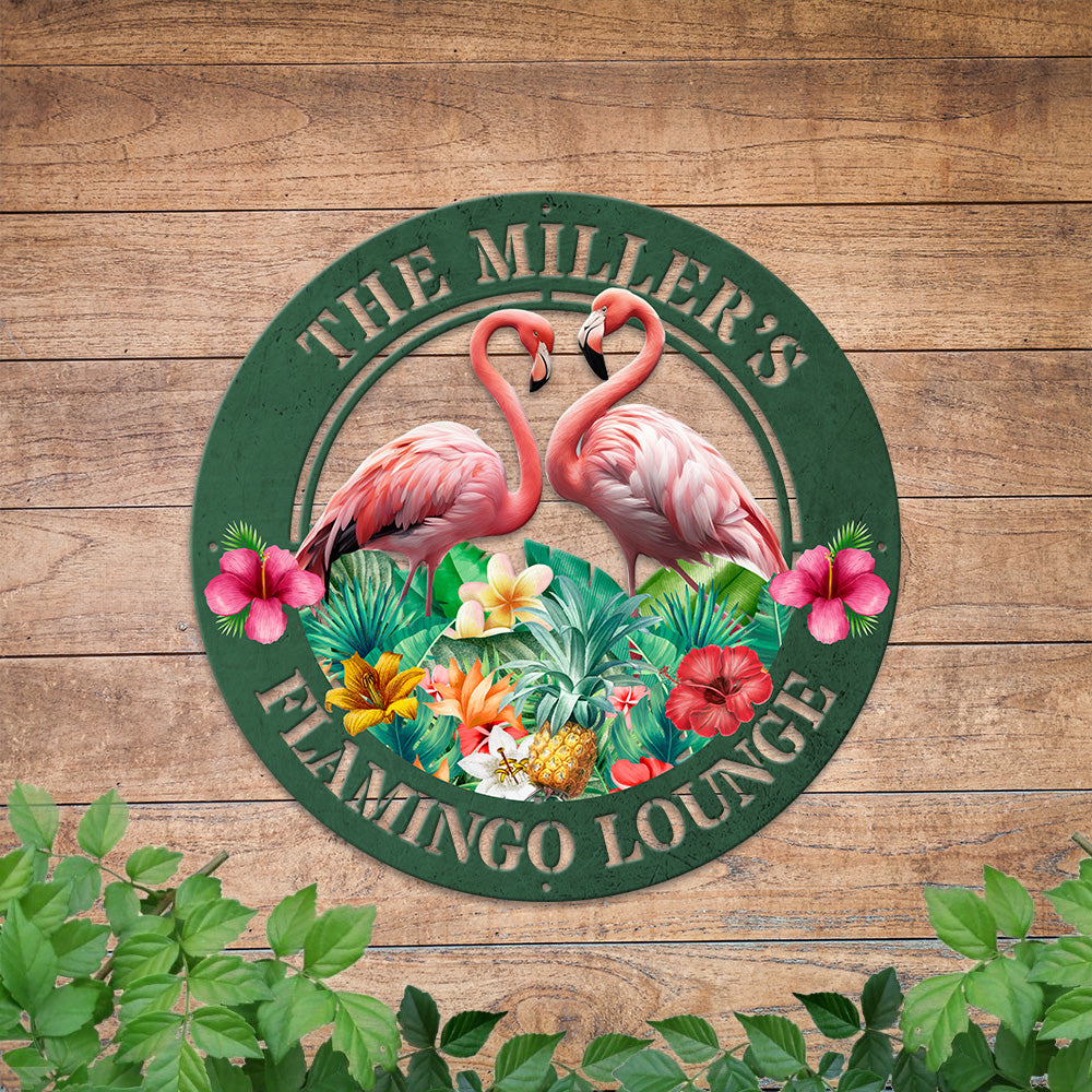 MeMate Flamingo Lounge Metal Sign, Outdoor Décor for Backyard, Patio, Pool, Kitchen, Lounge, Personalized Name Outdoor Sign, Pink Flamingo Metal Sign Housewarming Gift for Family Friend