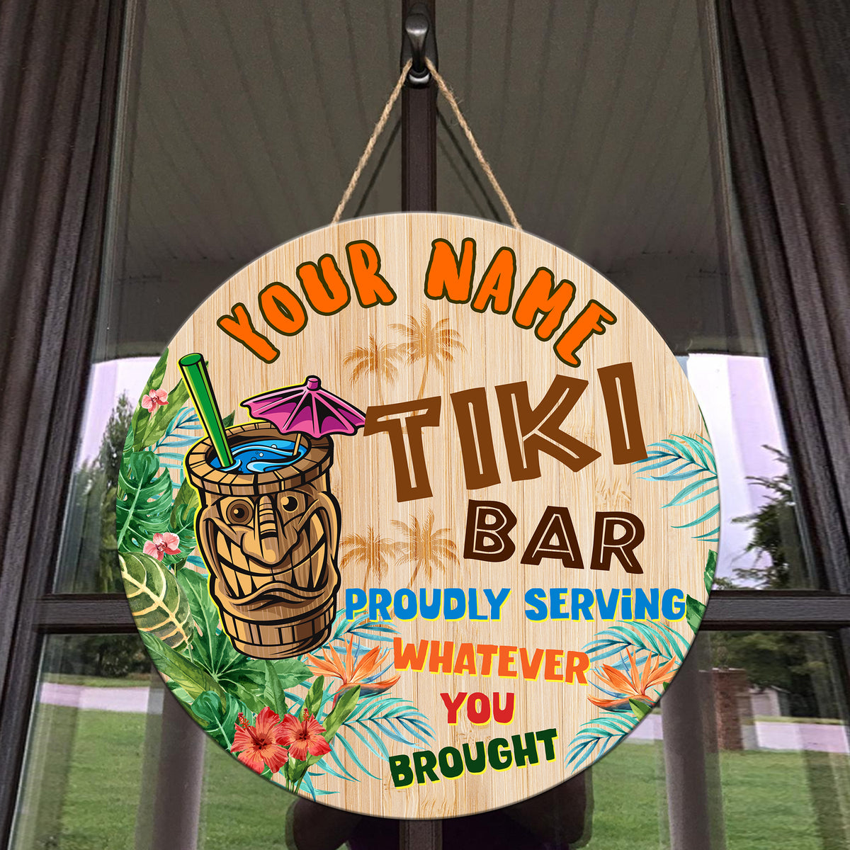 MeMate Custom Tiki Bar Sign – Personalized Wooden Name Sign for Backyard, Patio, Tiki Lounge Decors, Beach Bar, Party Decorations – Rustic Round Printed Wood Signs Wall Hanging Decorative
