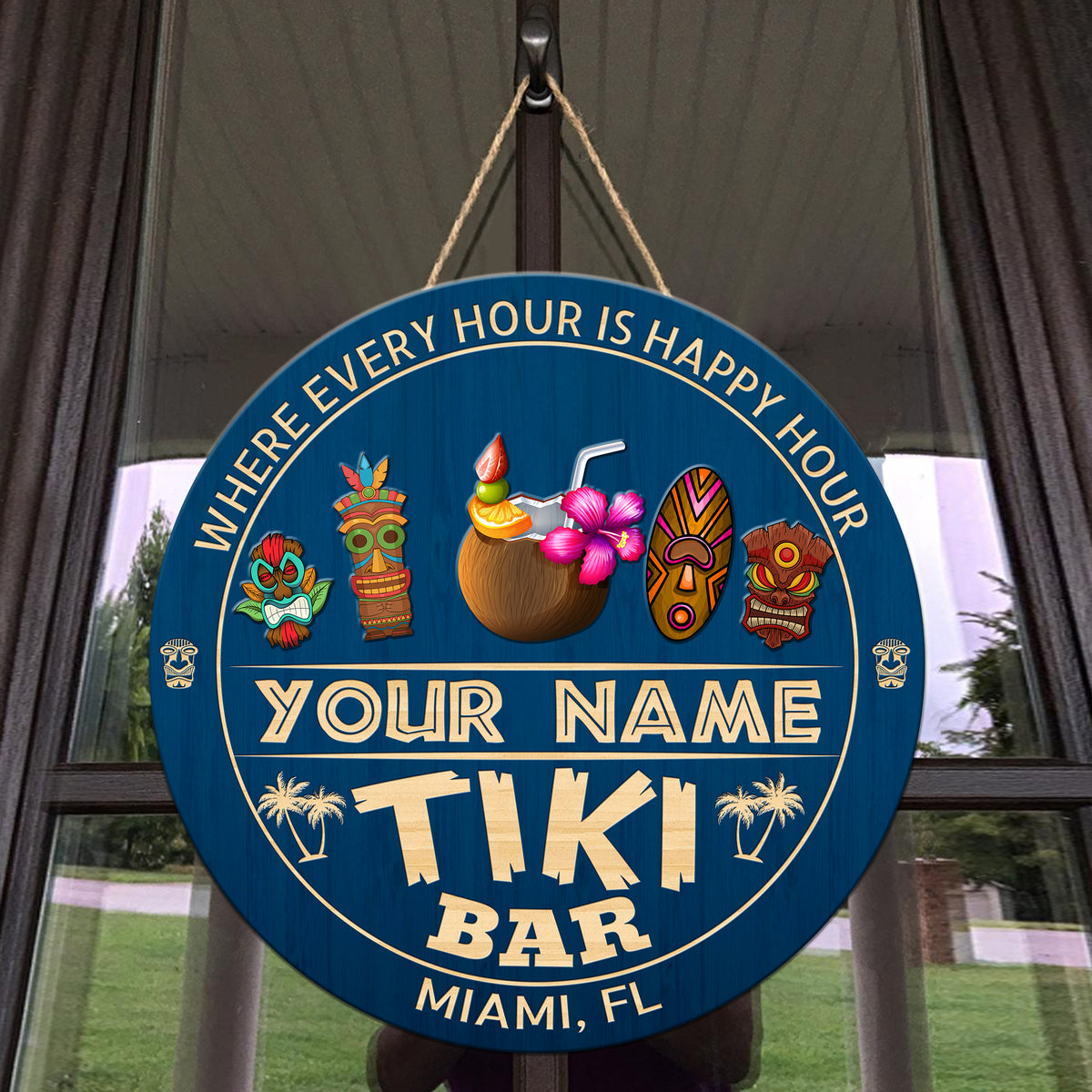 MeMate Custom Tiki Bar Sign - Personalized Wooden Name Sign for Tiki Lounge, Backyard, Patio, Beach Bar, Party Decors - Vintage Rustic Round Printed Wood Signs Wall Hanging Decorative