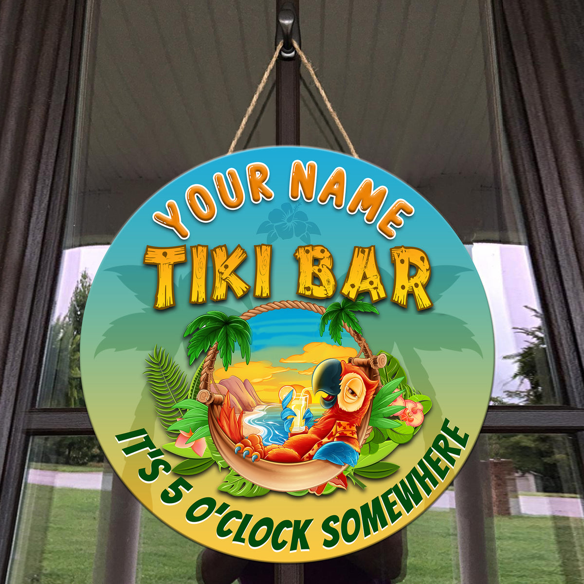 MeMate Custom Tiki Bar Sign – Personalized Wooden Name Sign for Backyard, Patio, Tiki Lounge, Beach Bar, Party Decors – Parrot Tropical Rustic Round Printed Wood Signs Wall Hanging Decorative