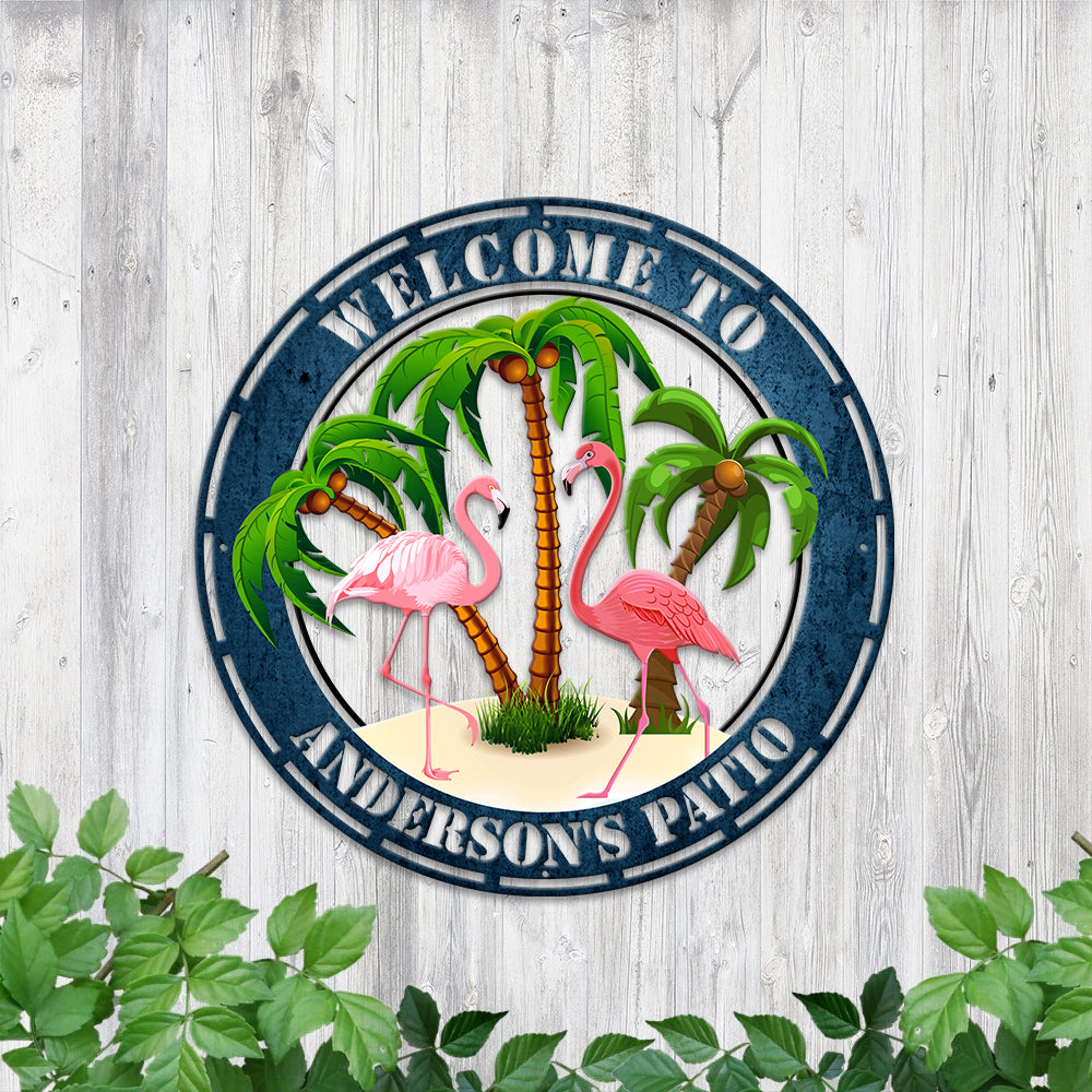 MeMate Flamingo Sign Metal, Flamingo Lounge Decor, Outdoor Décor for Backyard, Patio, Pool, Kitchen, Lounge, Personalized Name Outdoor Sign, Pink Flamingo Metal Sign Housewarming Gift for Family Friend
