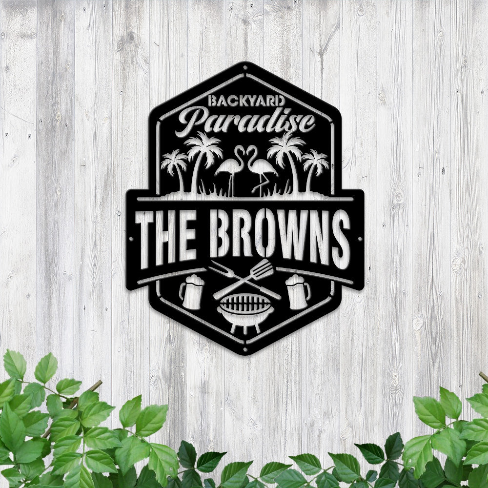 MeMate Backyard Paradise Sign, Bar & Grill Sign Outdoor Decor, Personalized Name Metal Sign for Backyard, Custom Name Signs for Backyard, Large Metal Sign for Outside, Housewarming Gifts