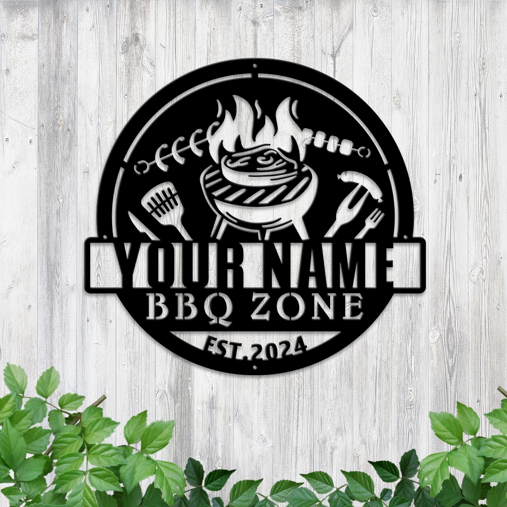 MeMate BBQ Zone Signs, Grill BBQ Signs to Personalize, Personalized Barbecue Metal Signs Kitchen Decor, Custom Name Outdoor Plaques for Backyard, Patio, Porch, Deck