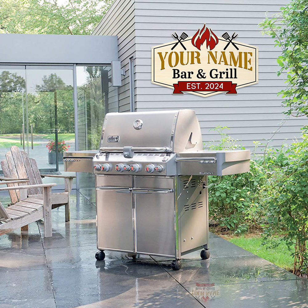 MeMate Metal BBQ Signs, Bar and Grill Sign to Personalize, Personalized Barbecue Metal Signs Kitchen Decor, Custom Name Outdoor Plaques, Rustic Decorations for Man Cave