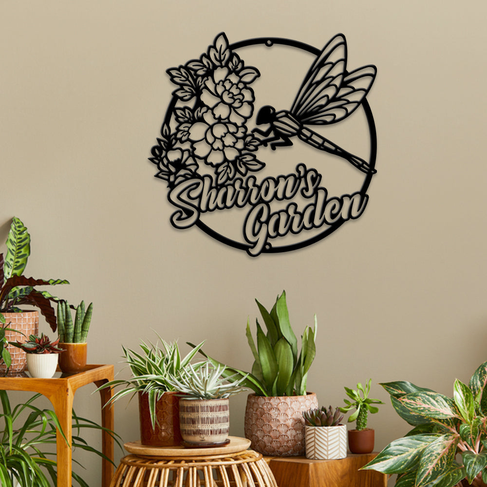 MeMate Personalized Metal Sign, Custom Garden Metal Signs Outdoor Décor, 8" - 24" Garden Signs Metal, Dragonfly Sign, Dragonfly Flowers Garden Signs to Personalize, Shed Shed Sign, Rustic Plaque