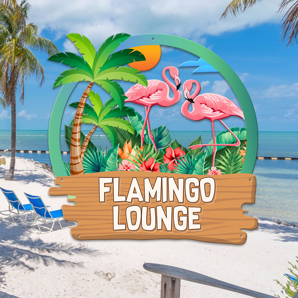 MeMate Flamingo Lounge Signs, Flamingo House Outdoor Décor, Flamingo House Metal Sign, Personalized Flamingo Tropical Sign, Flamingo Metal Sign Housewarming Gift for Family Friend