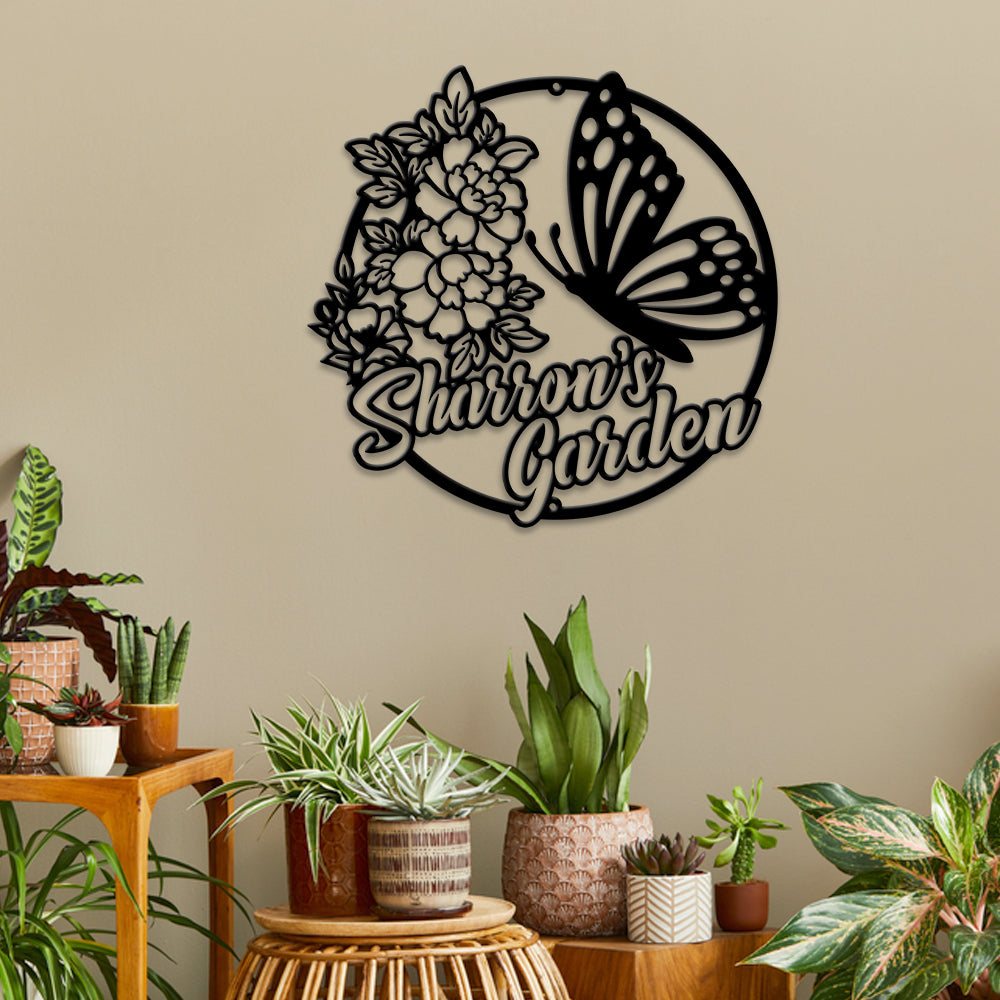 MeMate Personalized Metal Sign, Custom Garden Metal Signs Outdoor Décor, 8" - 24" Large Garden Signs Metal, Butterfly Sign, Butterfly Flowers Garden Signs to Personalize, Shed Shed Sign