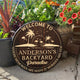 MeMate Backyard Sign, Patio Sign and Decor Outdoor - Personalized Wooden Name Signs for Porch Deck Kitchen Home Wall Decor - Round Chilling and Grilling BBQ Vintage Wood Signs, Housewarming Gifts for Family Friends