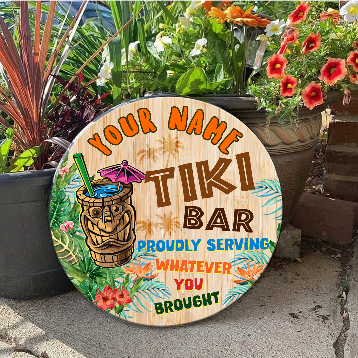 MeMate Custom Tiki Bar Sign – Personalized Wooden Name Sign for Backyard, Patio, Tiki Lounge Decors, Beach Bar, Party Decorations – Rustic Round Printed Wood Signs Wall Hanging Decorative
